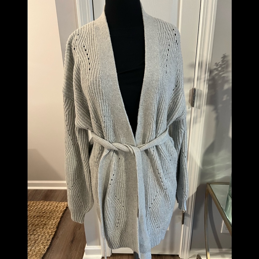 NWT A new day cozy grey long sleeve cardigan with tie waist wrap size XL